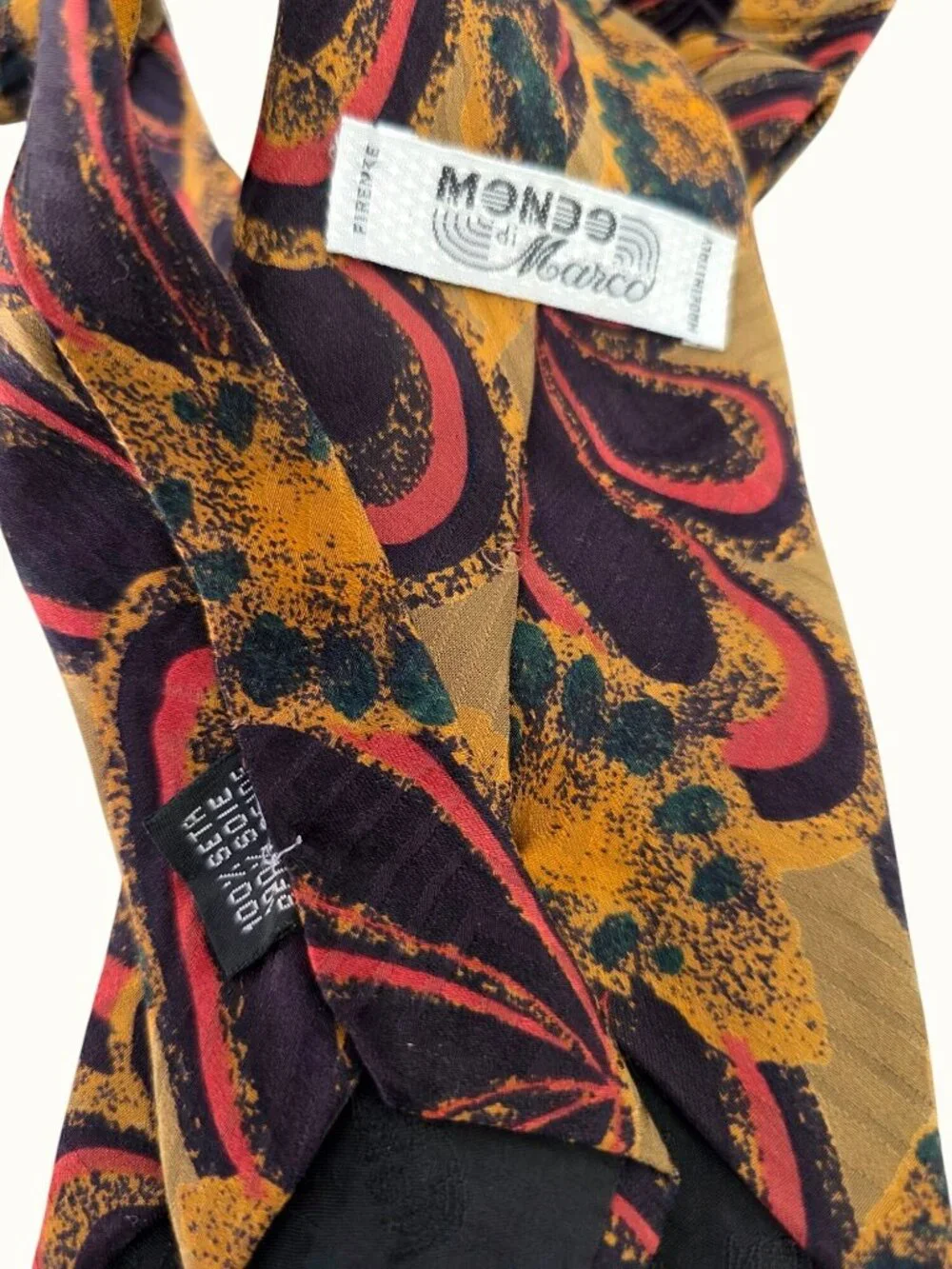 Mondo Marco 90s Silk Tie Florence Italy Rose Black Gold Paisley on Brown 3.75